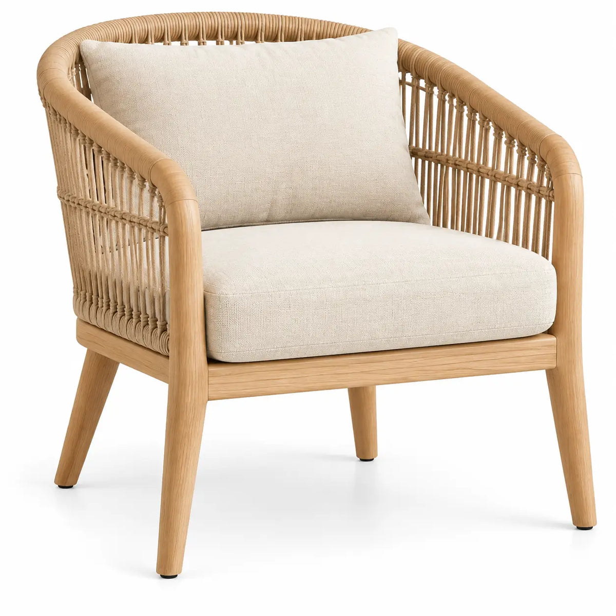 Sillón con estructura abierta con detalles de líneas verticales, beige y marrón