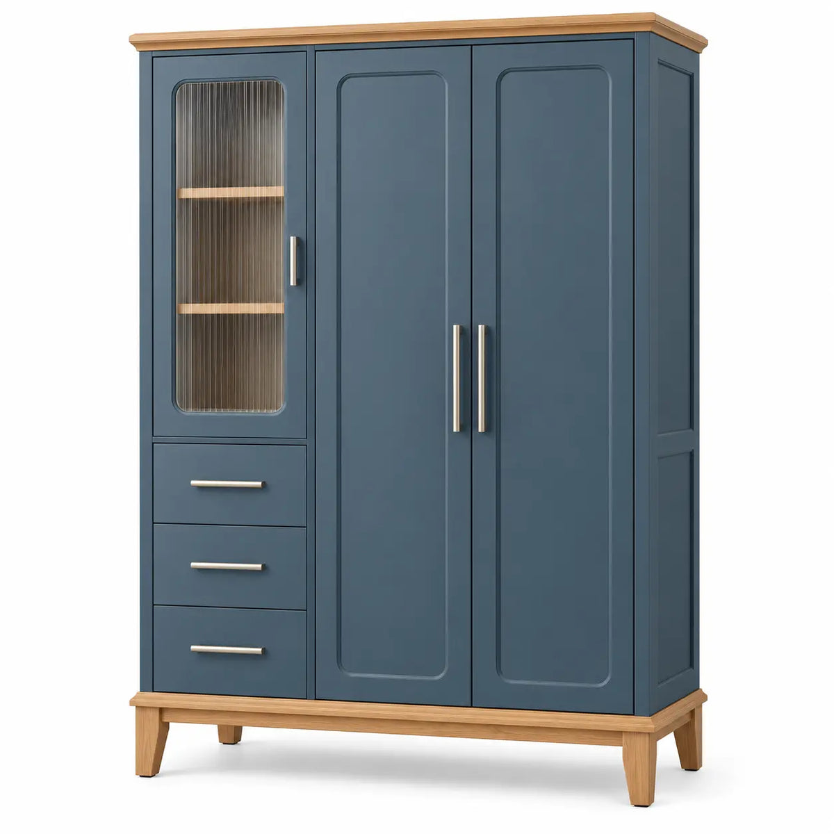 Armario de almacenamiento con puertas acristaladas y estantes, azul y marrón