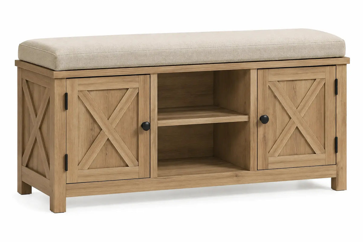Banco con asiento acolchado con detalles cruzados y estantes, beige y marrón