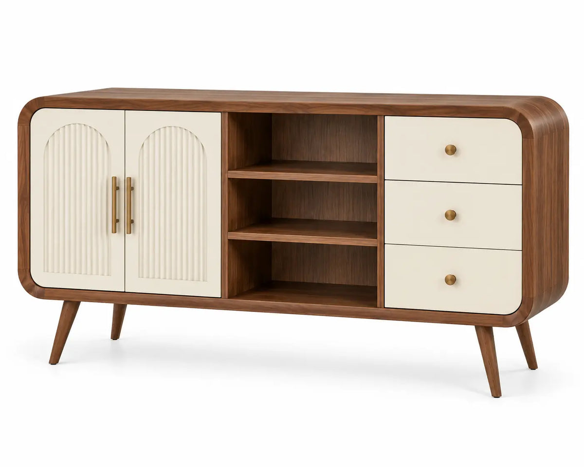 Mueble bajo para televisión con detalles de líneas verticales y estantes, marrón y blanco