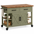 Mueble auxiliar de cocina con ruedas con detalles cruzados y estantes, verde y marrón