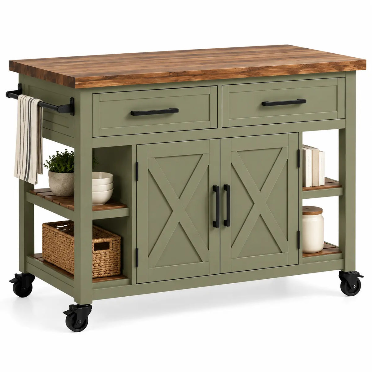 Mueble auxiliar de cocina con ruedas con detalles cruzados y estantes, verde y marrón