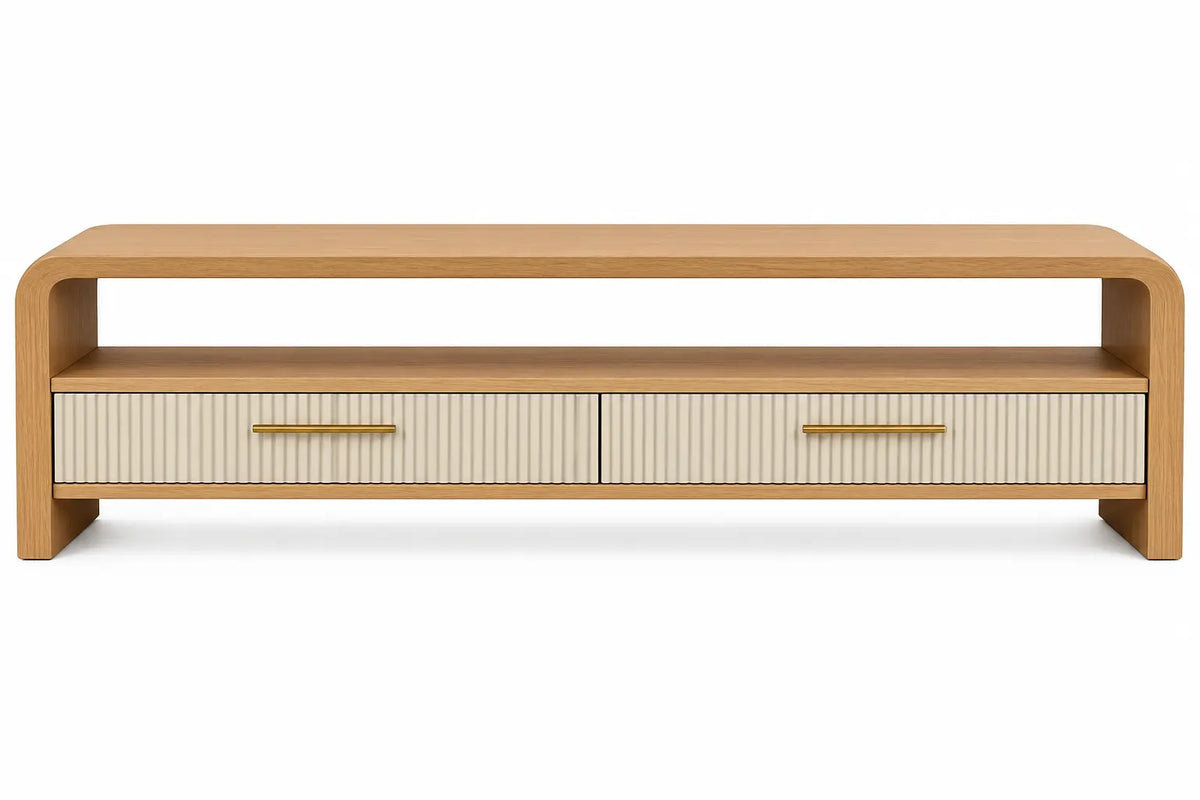 Mueble bajo para televisión con detalles de líneas verticales y estantes, marrón y blanco