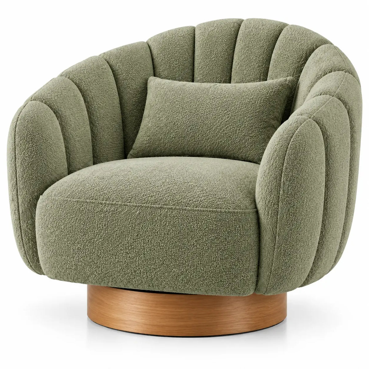 Sillón tapizado de líneas curvas con acolchado acanalado, verde y marrón