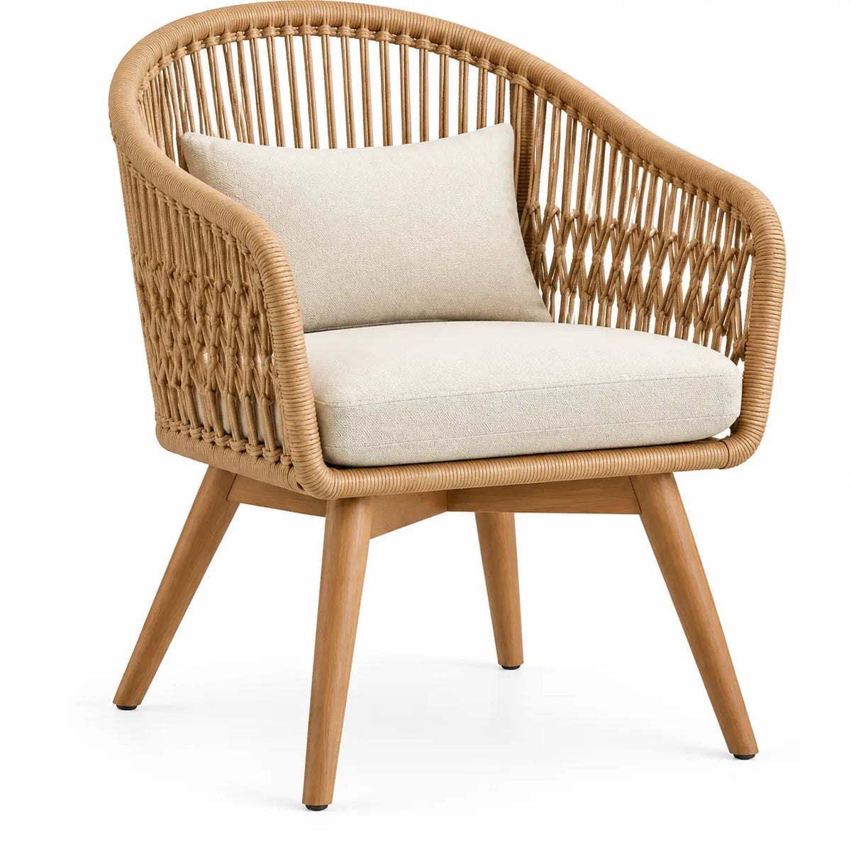 Sillón con estructura abierta con detalles de líneas verticales, beige y marrón